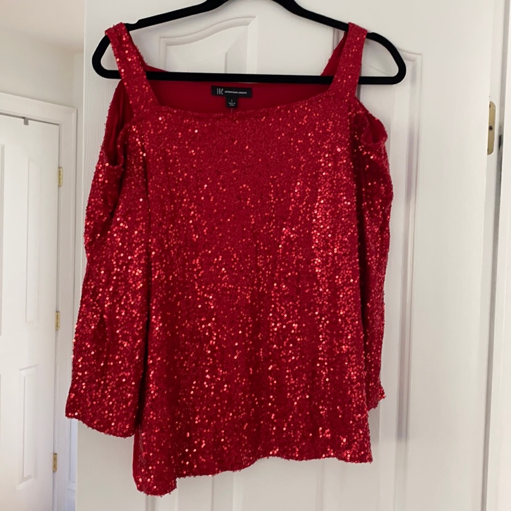 INC cold shoulder red sequins top